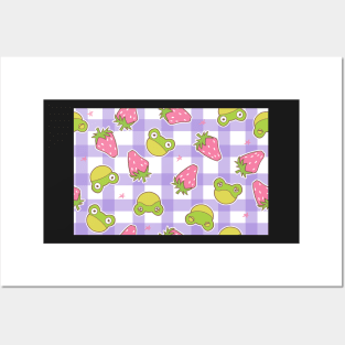 Cottagecore Froggies and Strawberries on Purple Gingham Posters and Art